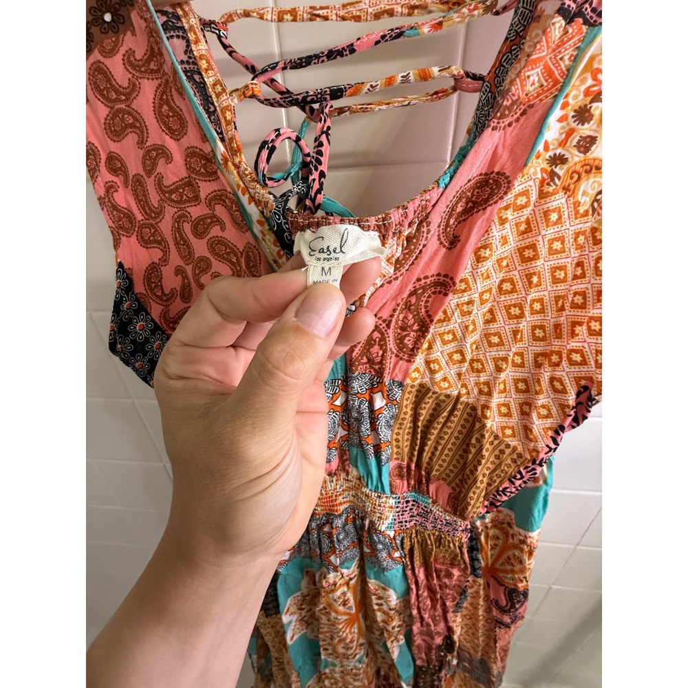 Easel Women Patchwork Handkerchief Hem Midi Dress Orange Pink Boho Lace Up Med - Picture 3 of 7